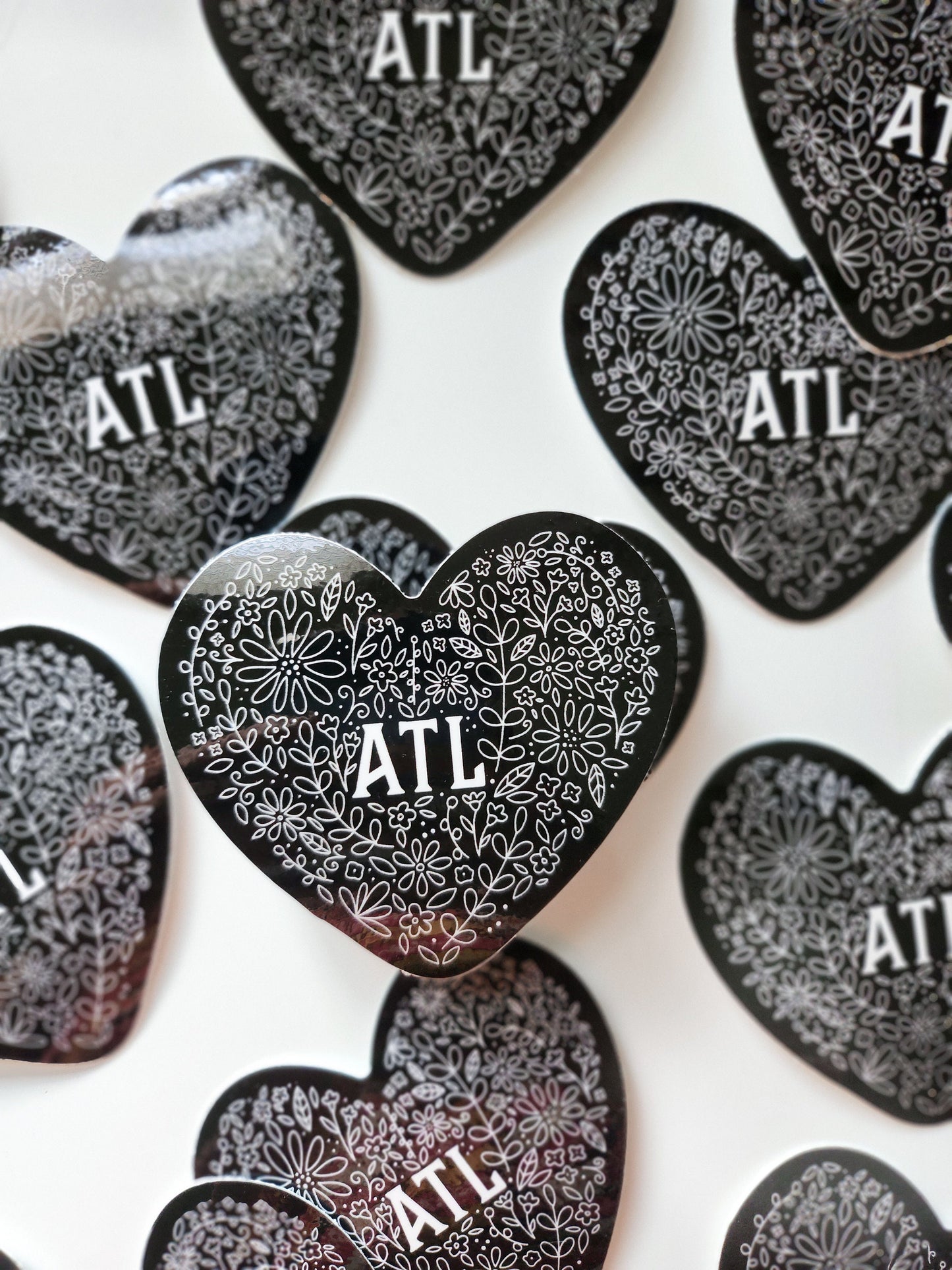 Atlanta Heart Sticker, Vinyl, 3 x 3 in | Black Floral Heart