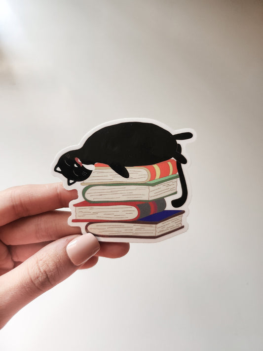 Cat on Books Sticker, 3 x 2in | Book + Cat Lover
