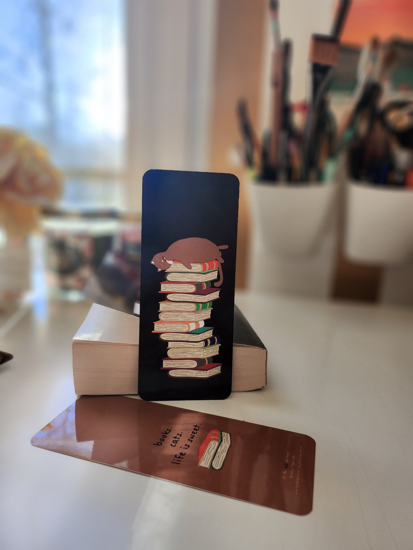 Cat on a Stack of Books Bookmark, 2.5x6"