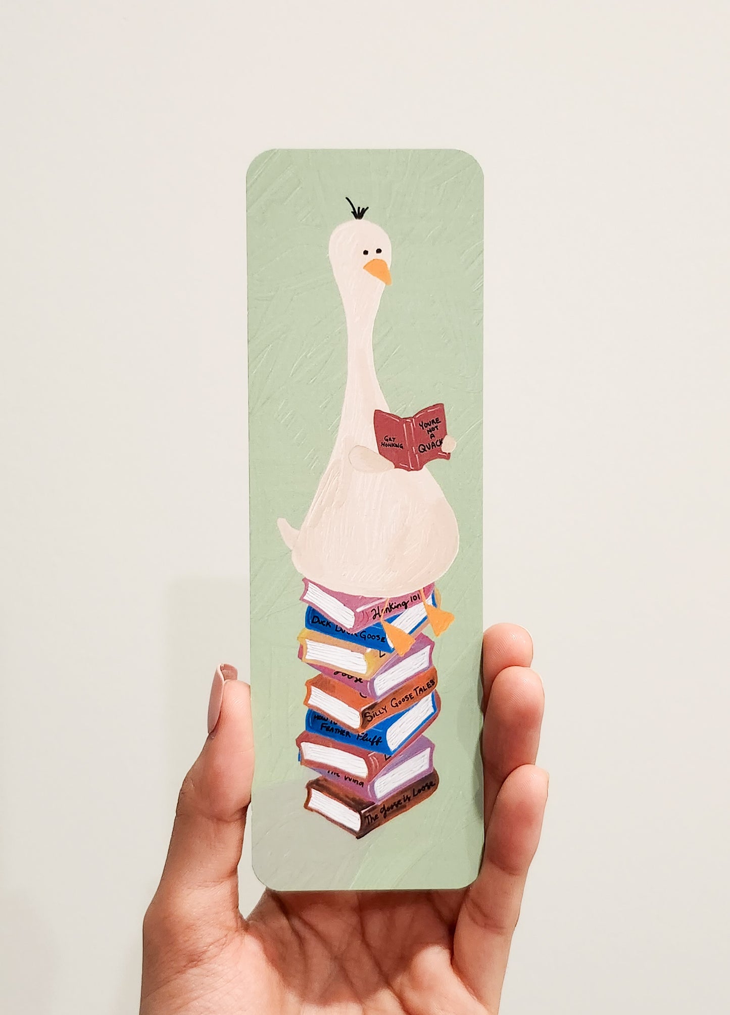 Goose on a Stack of Books- Illustrated Bookmark, 5.5x17.5 cm