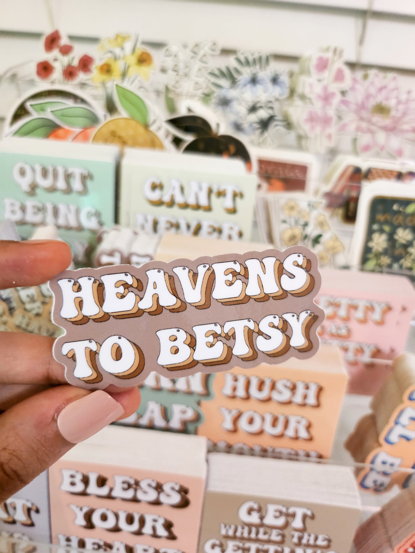 Heavens to Betsy Sticker, Vinyl, 3 x 2in