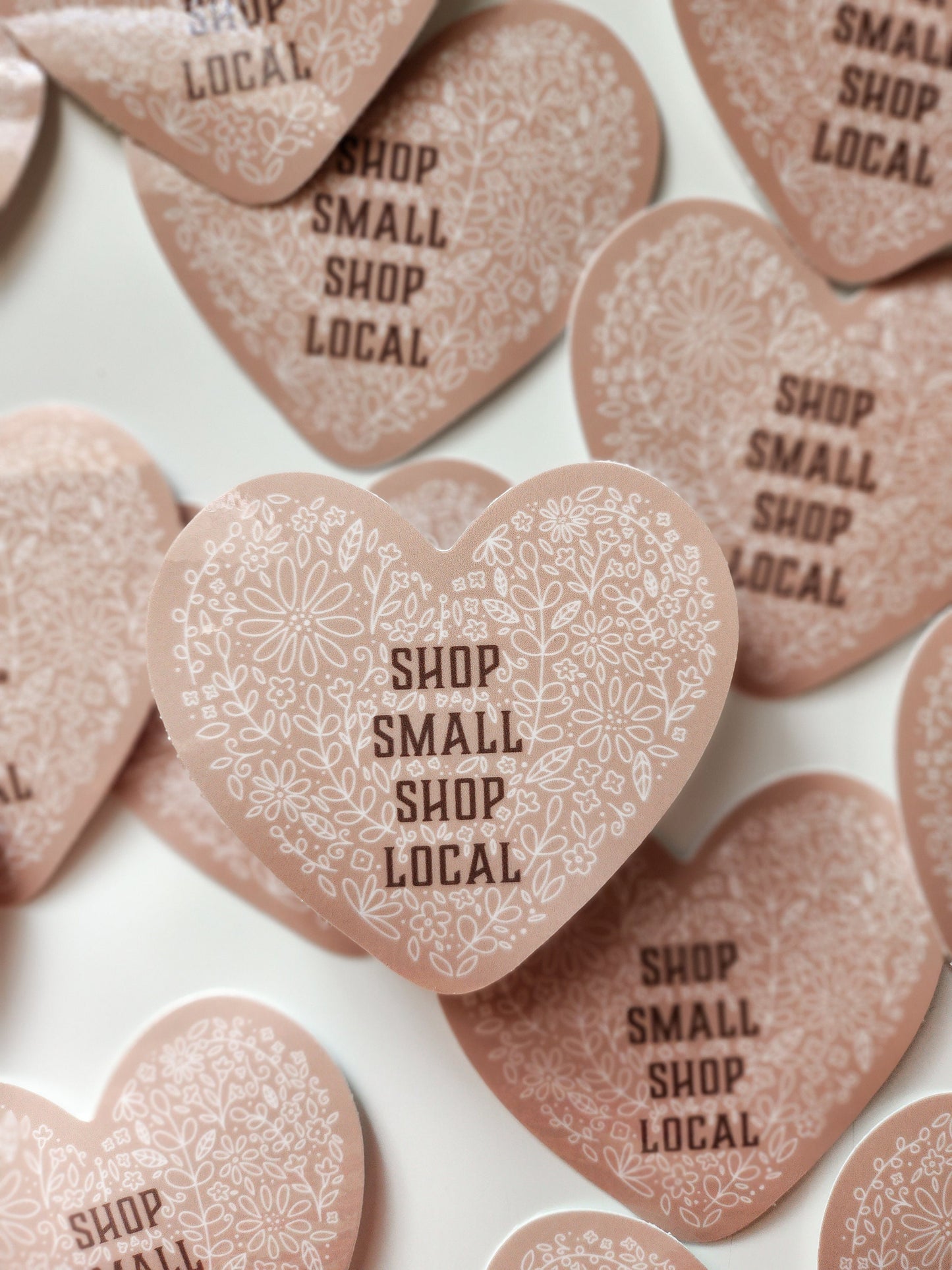 Shop Small Shop Local Sticker, Vinyl, 3 x 3 in | Beige Floral Heart