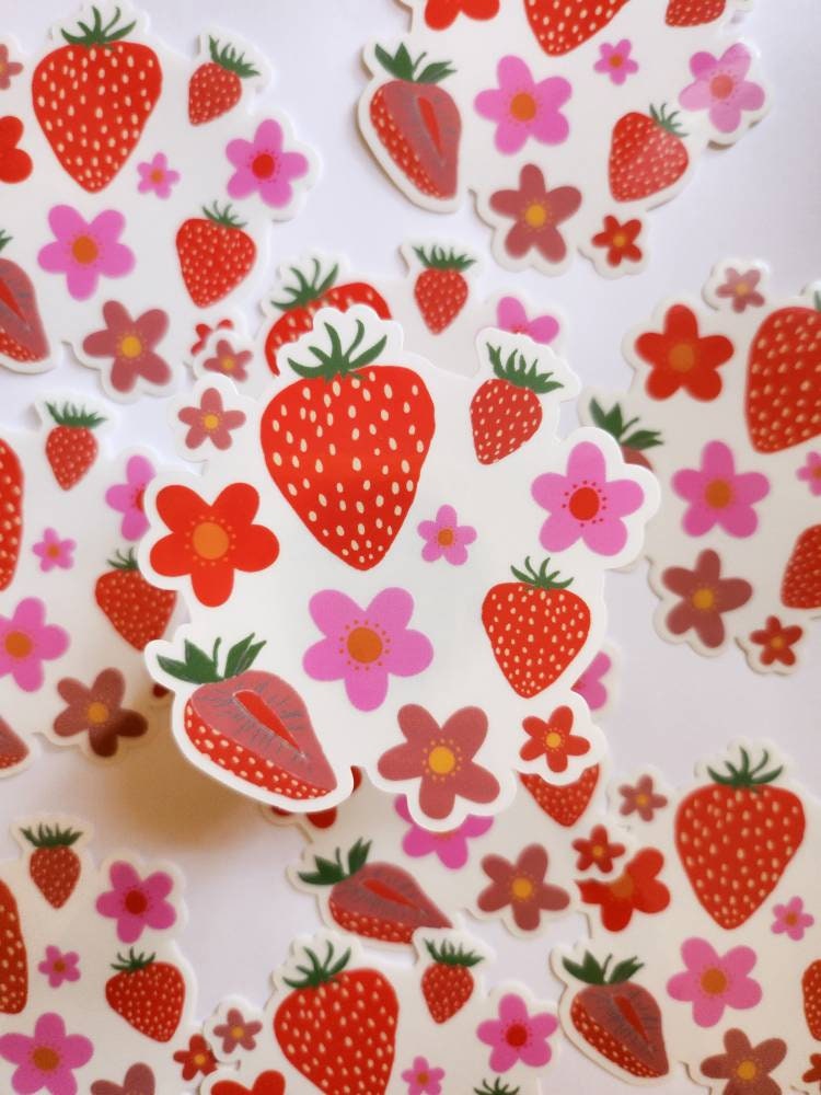 Strawberry & Florals Watercolor Sticker, Clear, 3 x 3 in