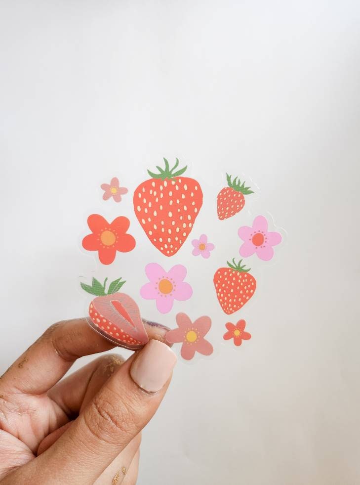 Strawberry & Florals Watercolor Sticker, Clear, 3 x 3 in