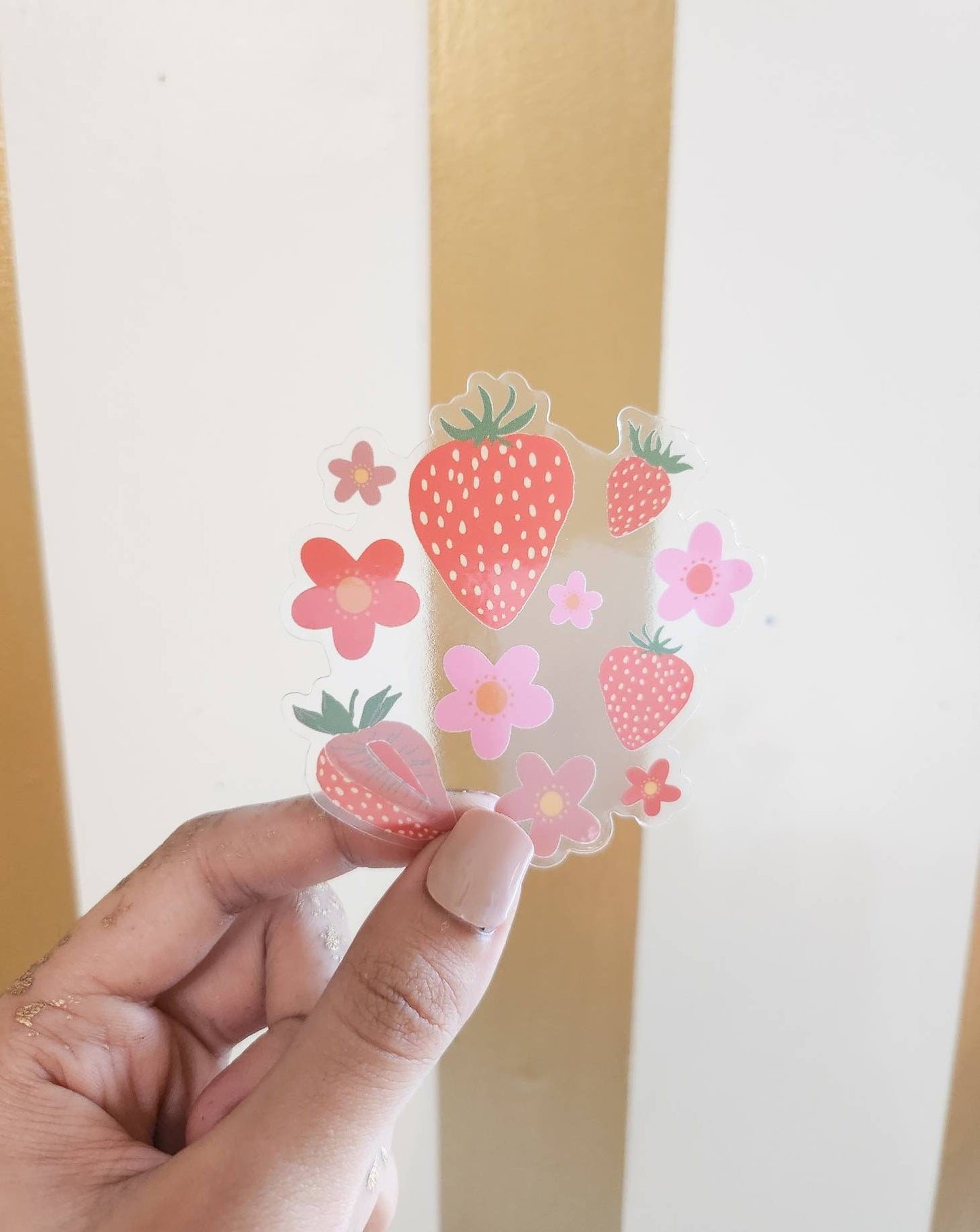 Strawberry & Florals Watercolor Sticker, Clear, 3 x 3 in